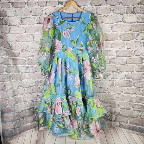 Handmade OOAK Floral Iridescent Ruffle Midi Dress Sheer Sleeve Coquette XS - Picture 2 of 16